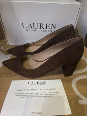 Lauren Ralph Lauren Brown Suede Pointed-Toe Block Heel Pump